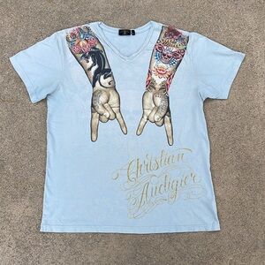 Christian Audigier Vintage Tattoo Hands V-neck T-shirt in rare light blue